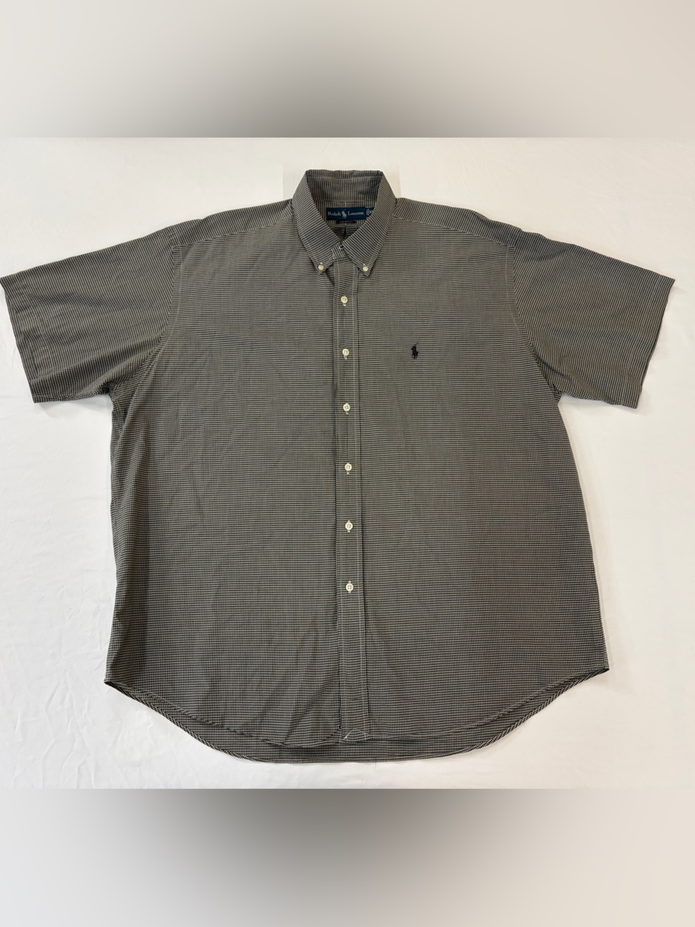 Ralph Lauren Short-Sleeve Button-Down Shirt — White/Gray Microcheck XL
